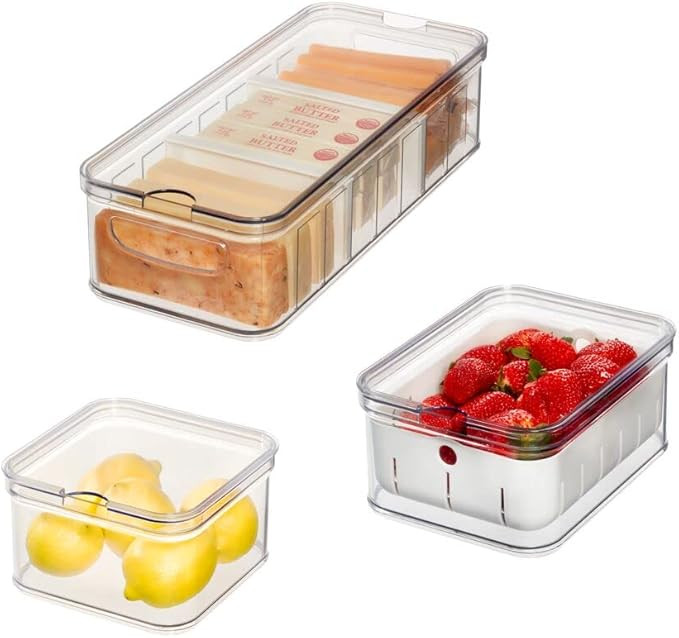 iDesign The Spruce 3-Piece Plastic Refrigerator Organizer Bin Set with Lids, Clear/White | Amazon (US)