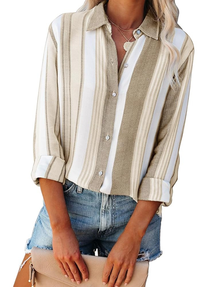 Women's Striped Button Down Shirts Linen Long Sleeve Dress Shirts Collared Blouses Business Casua... | Amazon (US)
