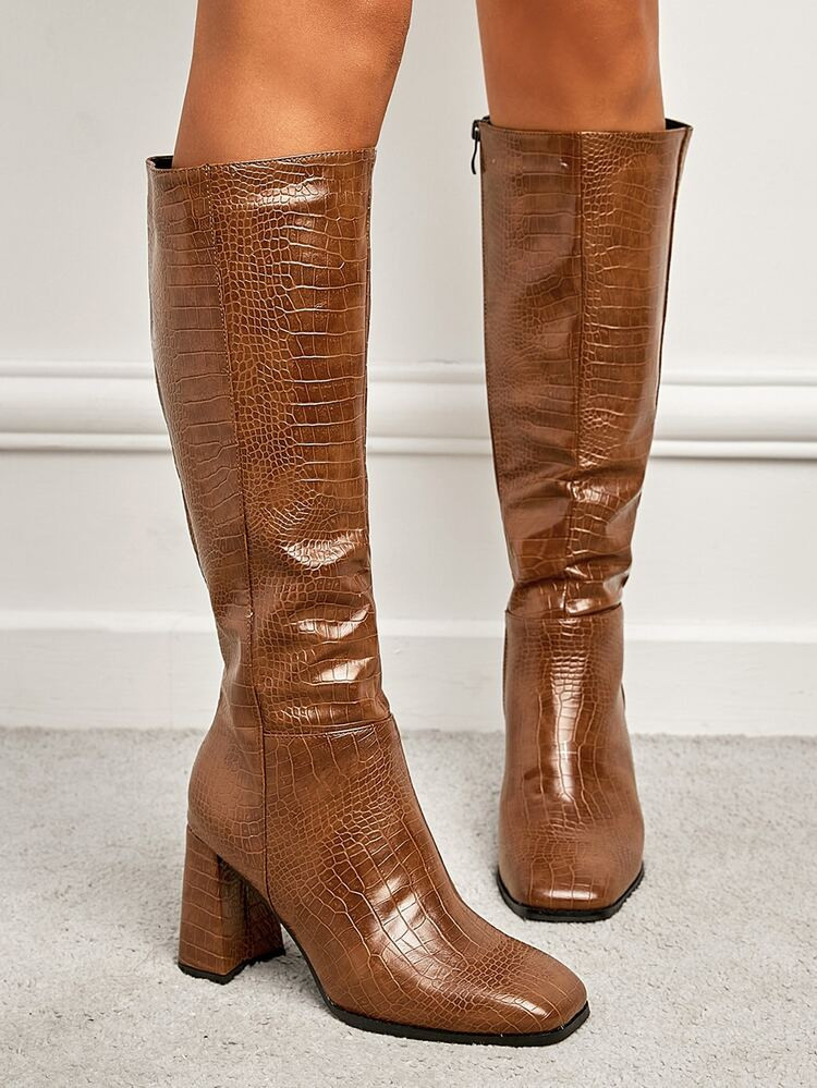 Crocodile Embossed Side Zipper Square Toe Boots | SHEIN