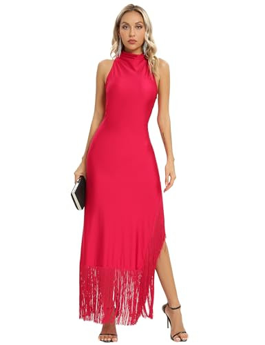 Amazon.com: Aigeman Women Vintage Flapper Dresses 1920s Great Gatsby Halter Fringed Maxi Dress Ta... | Amazon (US)
