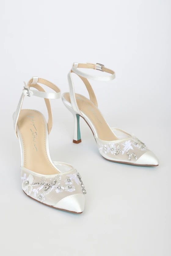 SB-Zola Ivory Satin Rhinestone Pointed-Toe Ankle-Strap Pumps | Lulus (US)