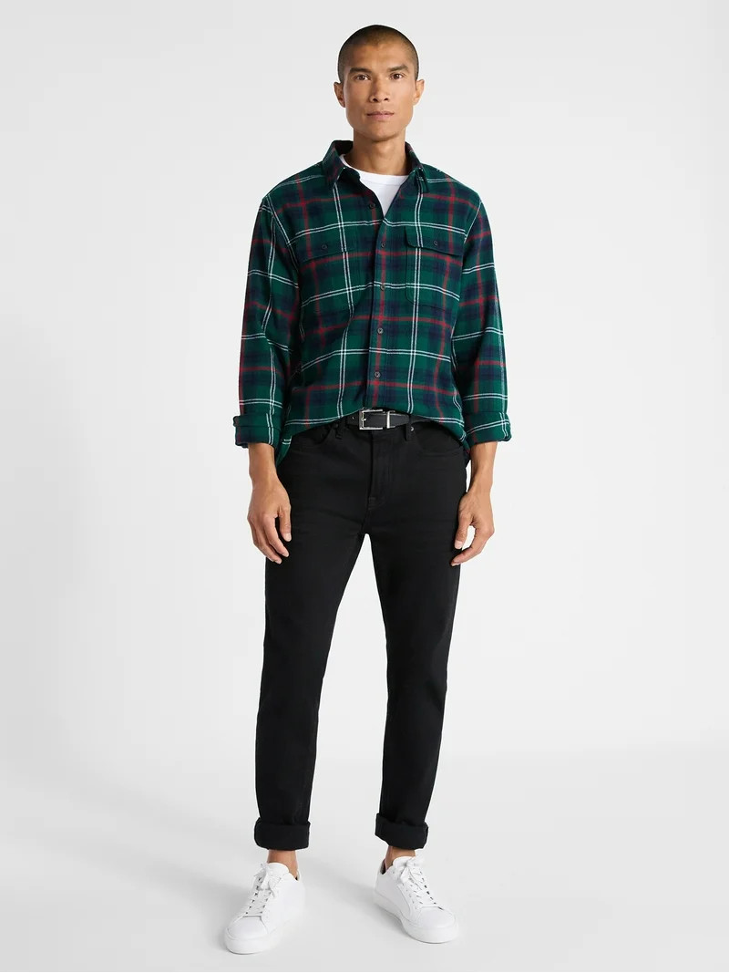 Free Assembly Men's Two Pocket Cotton Flannel Shirt with Long Sleeves, Sizes XS-3XL | Walmart (US)