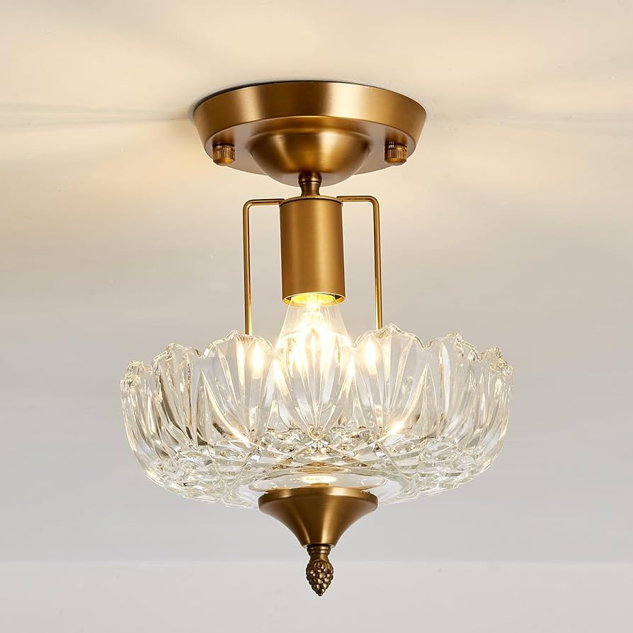 UOFUS Vintage Gold Semi Flush Mount Ceiling Light Fixture with Clear Glass Shade Antique Brass Sm... | Amazon (US)