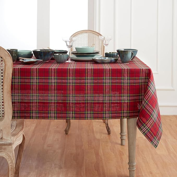 Solino Home Christmas Tablecloth 60 x 120 Inch - 100% Pure Linen Red Classic Tartan Plaid Tablecl... | Amazon (US)