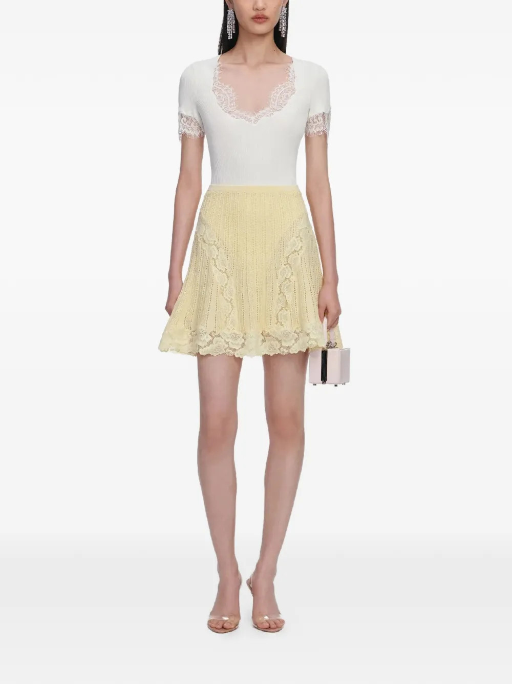 Self-Portrait lace trim mini skirt - Yellow | Farfetch Global