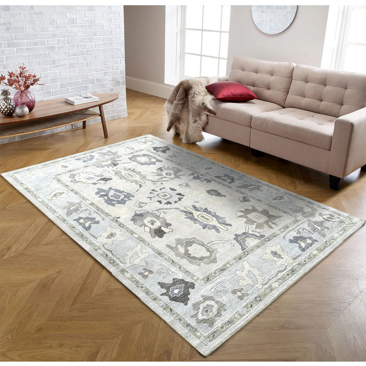 Pamira Cream Blue Floral Modern Oushak Rug | Fame Rugs