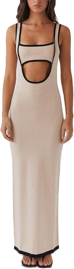 Women's Knit Maxi Dress Sleeveless Backless Cut Out Maxi Bodycon Dress Sexy Long Beach Sundress 2... | Amazon (US)