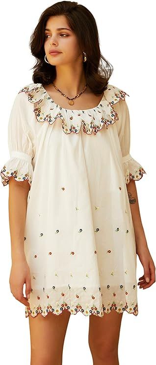 R.Vivimos Women's Summer Babydoll Mini Dress Cotton Puff Sleeve Floral Embroidered Casual Loose T... | Amazon (US)