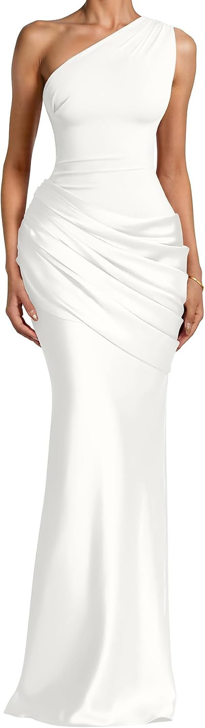 Memoriesea Women's One Shoulder Pleated Formal Wedding Maxi Dress | Amazon (US)