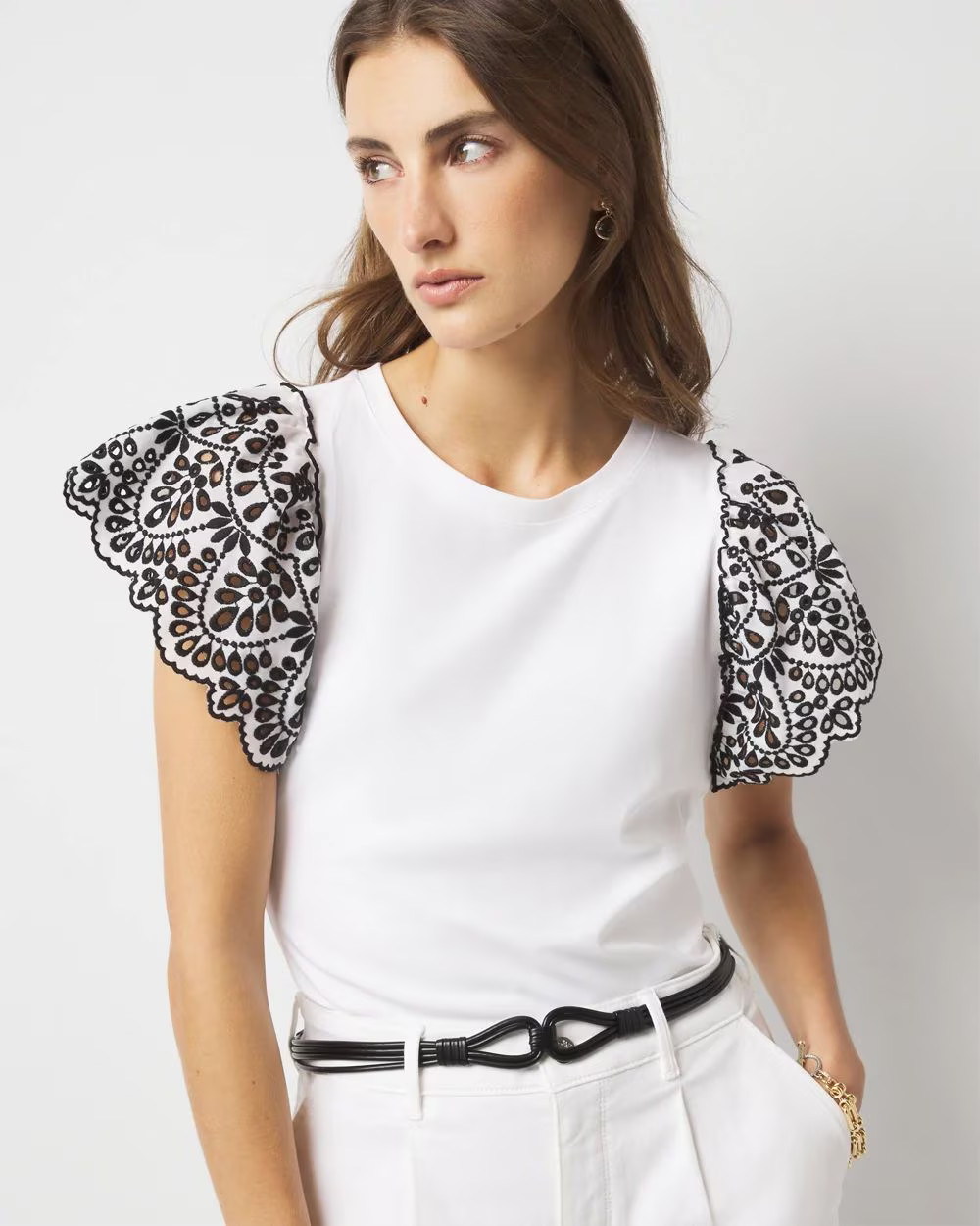 Eyelet Sleeve Crewneck Tee | White House Black Market