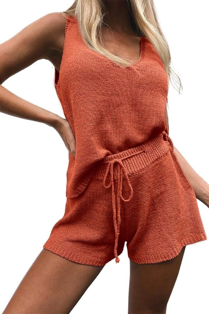 Women's Summer Lounge Sets Knit 2 Piece Outfits Tank Tops and Shorts Loungewear | Amazon (US)