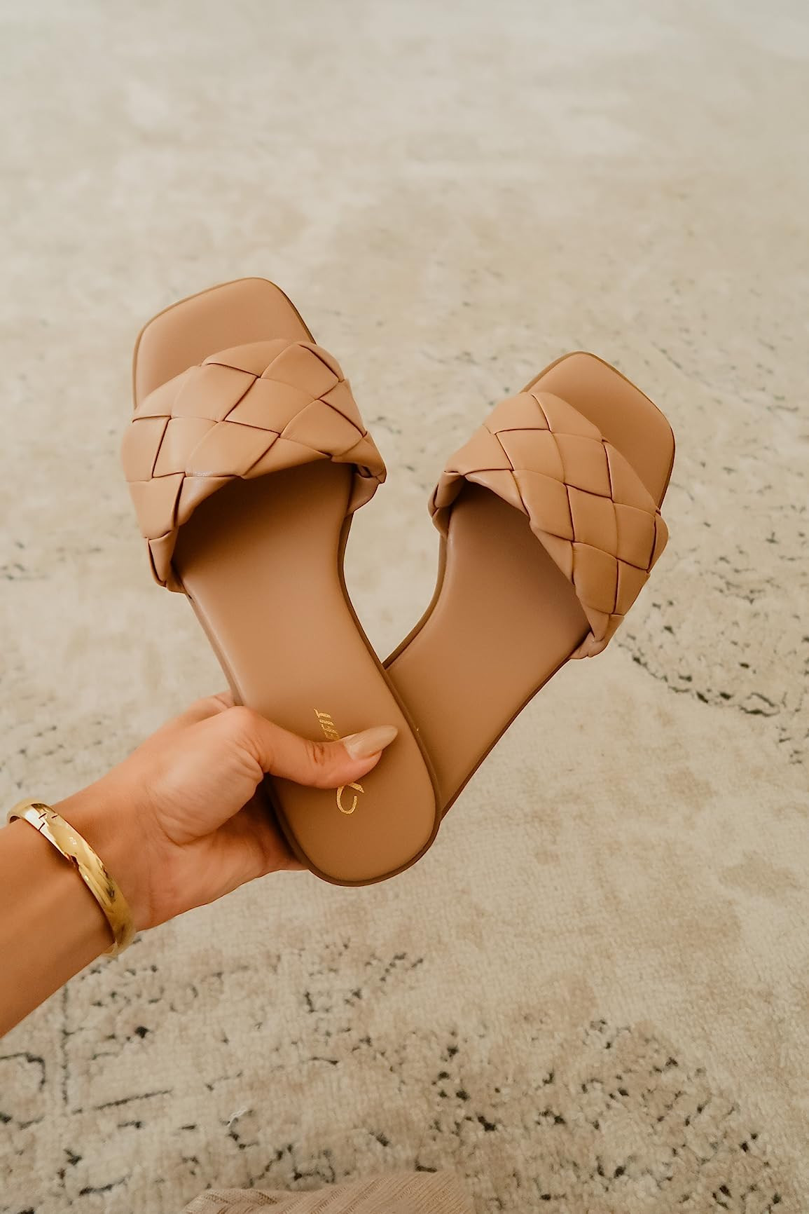 Athlefit Women's Braided Flat Sandals Square Open Toe Woven Slip On Slide Sandals | Amazon (US)