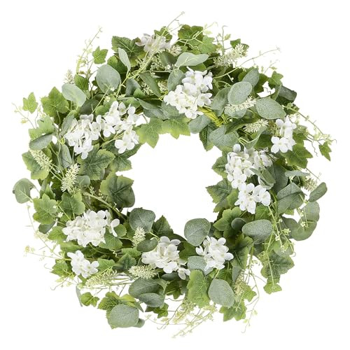 YNYLCHMX 18" Spring Summer Wreaths for Front Door, Artificial Wreath with White Flowers Grapevines Green Eucalyptus Leaves, Green Foliage Wreath for Wall Window Farmhouse Party Holiday Home Decor | Amazon (US)