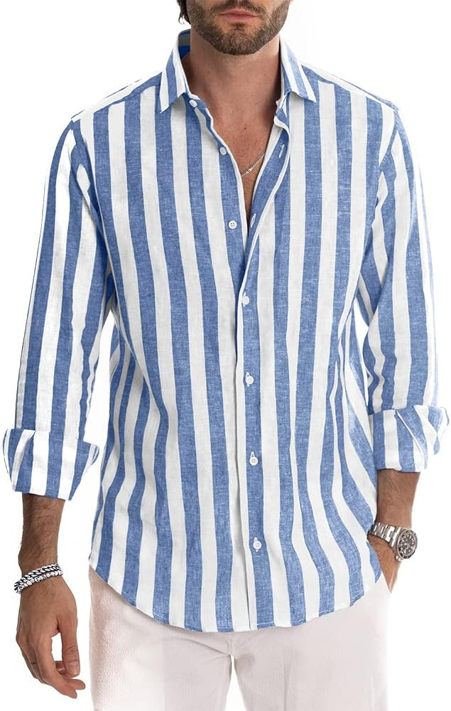 JMIERR Men's Cotton Shirts Casual Long Sleeve Button-Down Striped Dress Shirt | Amazon (US)
