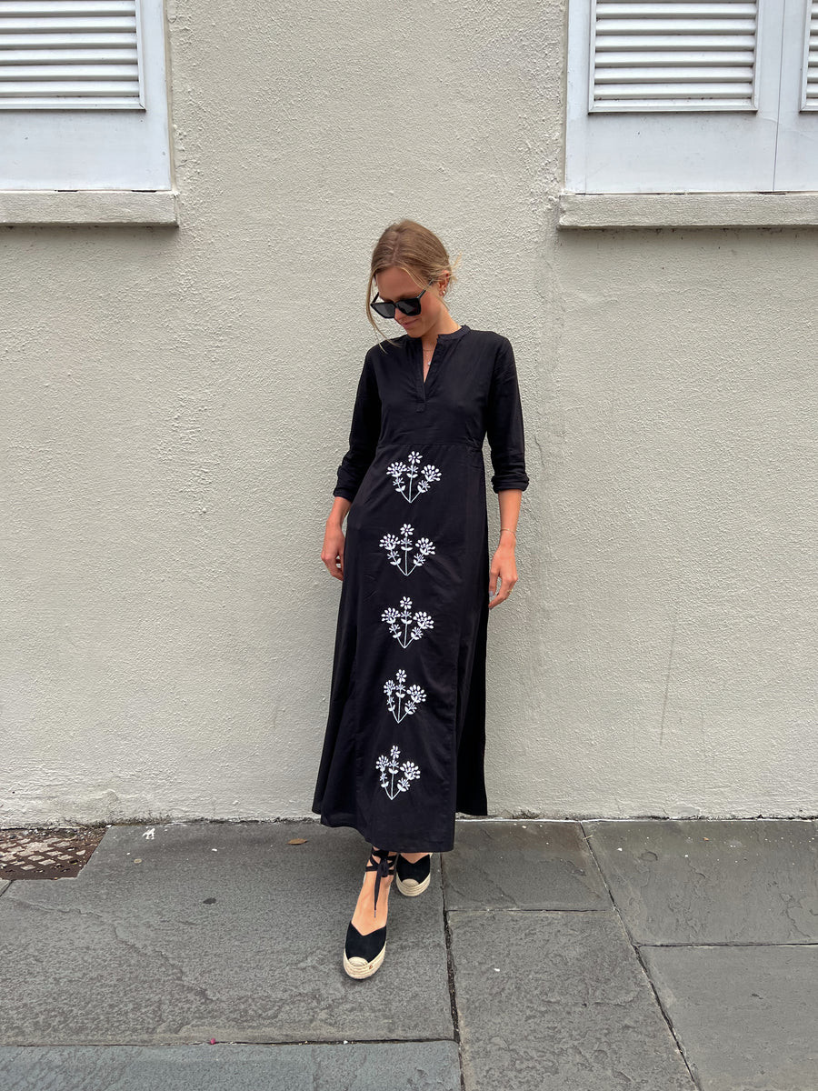 Mallory Maxi Dress Black with White Embroidery | Madison Mathews