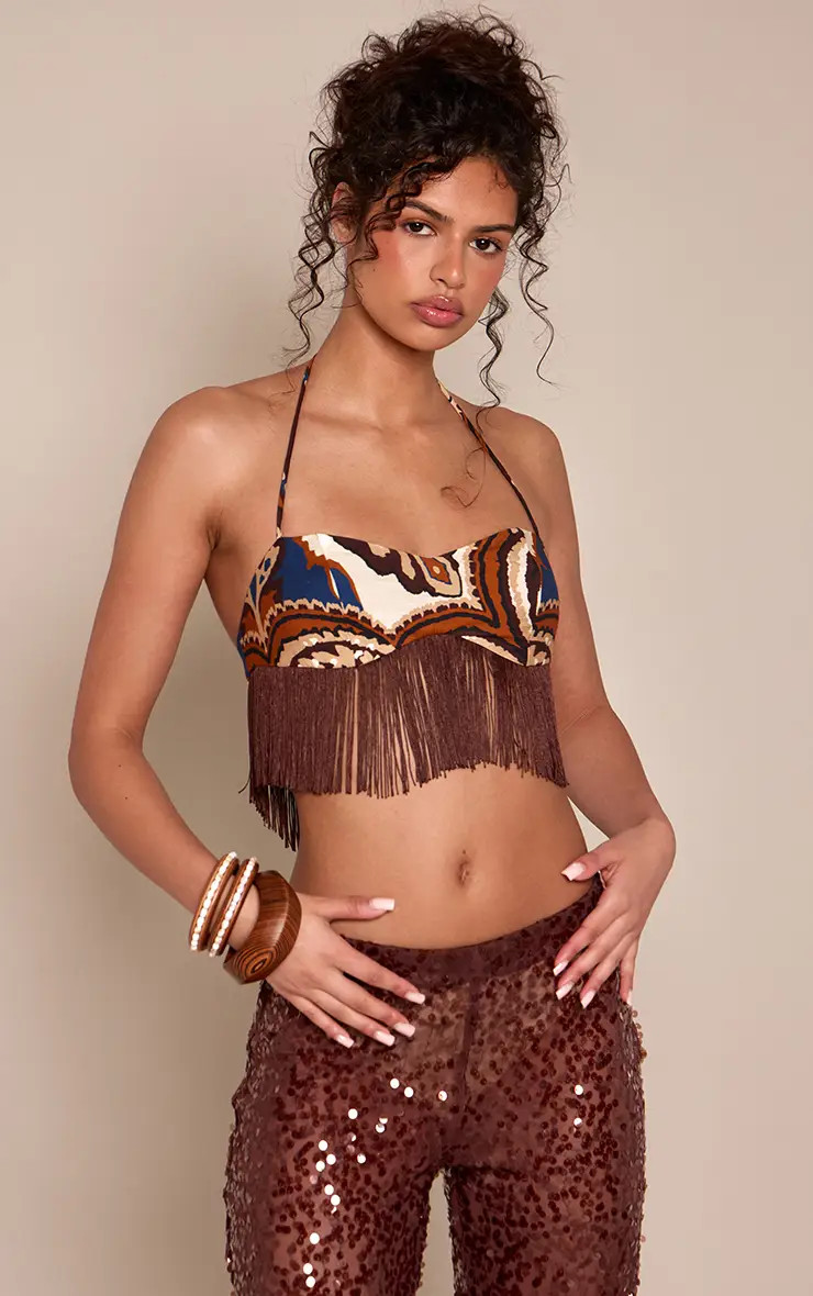 Muti Print Fringe Detail Halterneck Bralet | PrettyLittleThing UK