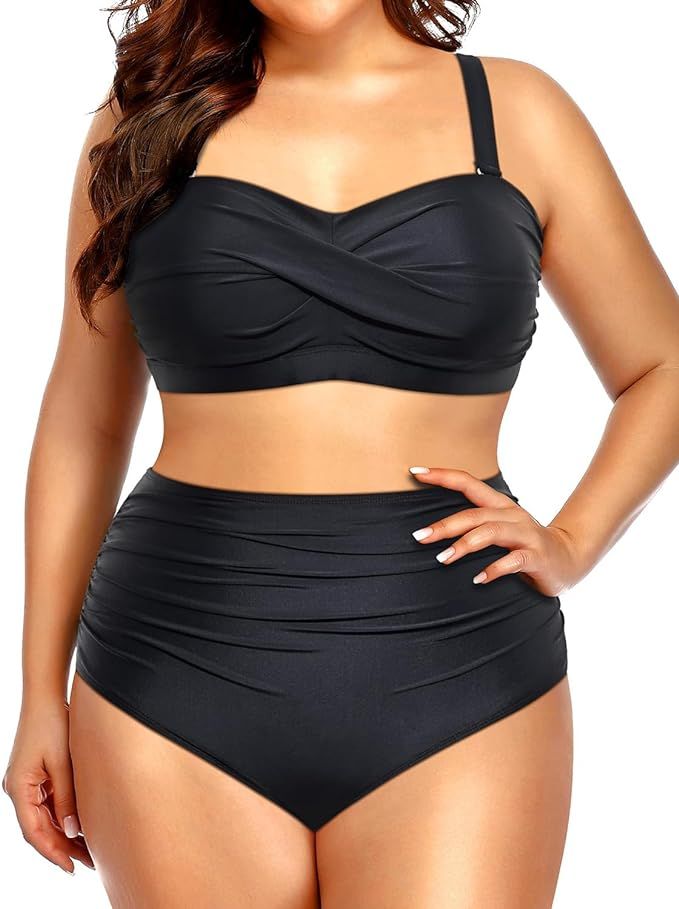 Yonique Women Plus Size Two Piece Swimsuits High Waisted Bathing Suits Bandeau Bikini Tummy Contr... | Amazon (US)