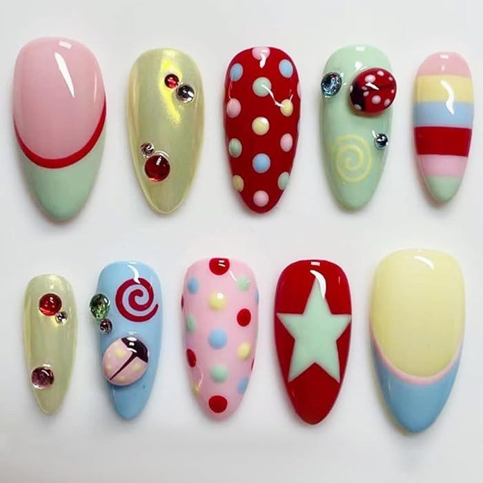 IMRAIN Press on Nails Medium Almond Fake Nails Colorful Acrylic Nail Kit - Polka Dot, Ladybug, St... | Amazon (US)