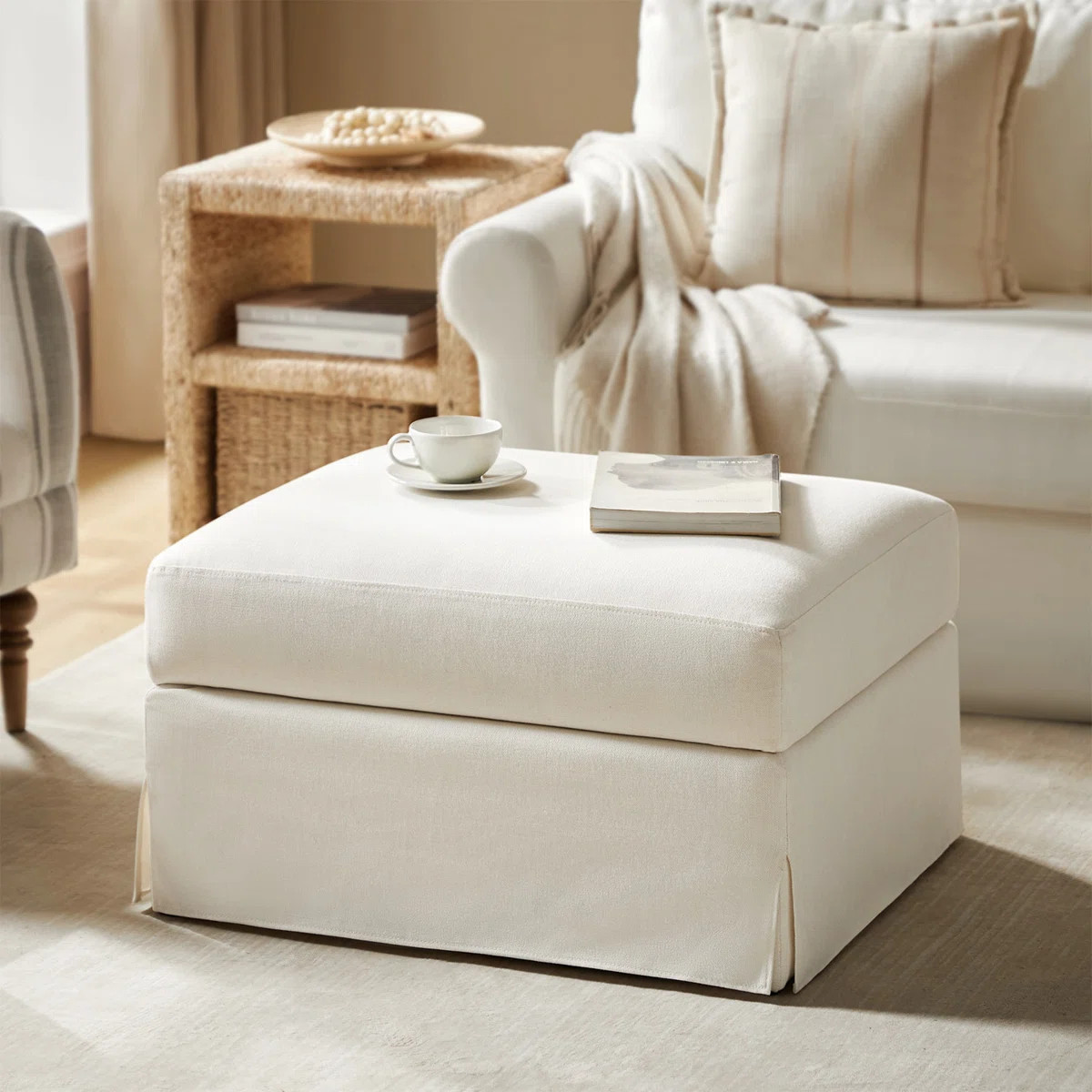 Lessman Farmhouse 30'' W Upholstered Slipcover Ottoman with Storage and Flip-Top Tray | Wayfair North America