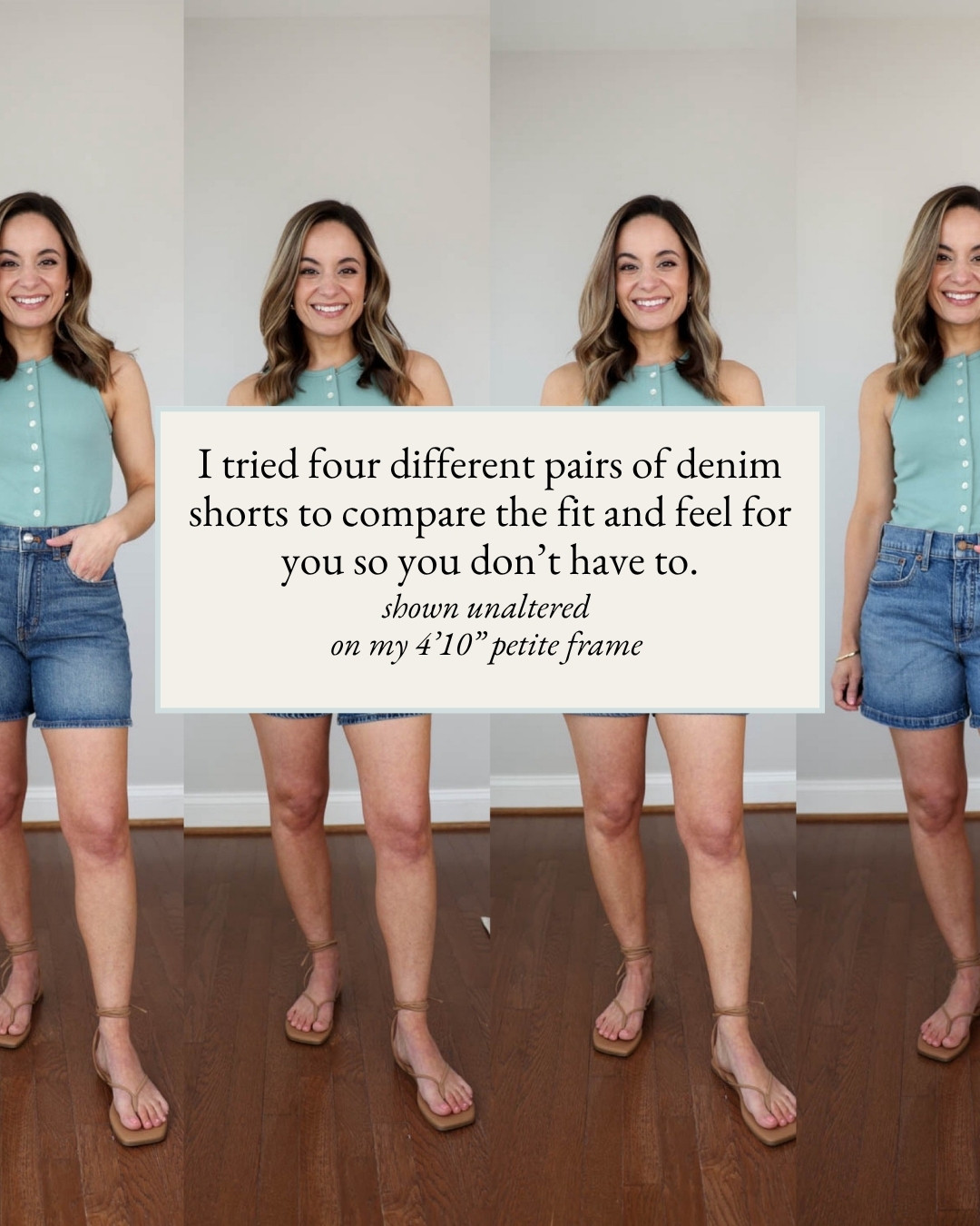 Four pairs of denim shorts with a mid length. 

Madewell PV: 25 - sized up | 5" inseam
J.Crew Factory Mid-Length Shorts: 25 - sized up | 4.5" inseam
Abercrombie Dad Shorts: 25 - sized up | 5" inseam 
Old Navy Wow Shorts: 00 - true to size | 4" inseam

Tank Top (J.Crew): XXS
Sandals (Tkees): True to size

My sizing for reference: I'm 4'10" and weigh 105lbs. My measurements are 32", 24", 36". I have a 25" ankle inseam and typically wear petite xxs/00/24. 

 #LTKPetite