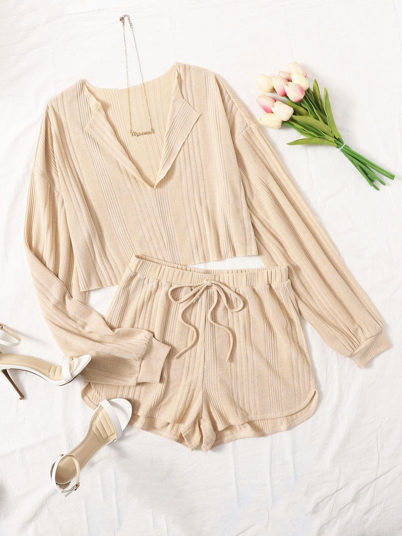 SHEIN Drop Shoulder Notched Neck Top & Shorts Set | SHEIN