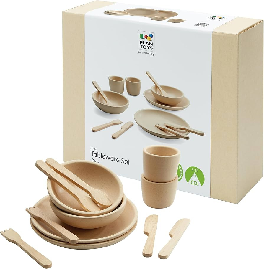 PlanToys® Pretend Play Wooden Tableware Set for Kids | 16-Piece Montessori Kitchen Toy Set with ... | Amazon (US)
