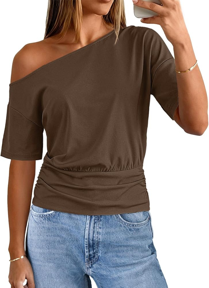MEROKEETY Women's Off The Shoulder Short Sleeve Tops 2026 Summer Casual Going Out Trendy Y2k T Sh... | Amazon (US)