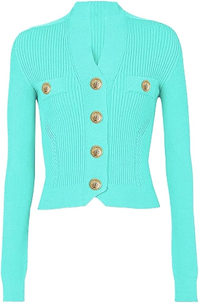 Women's Long-Sleeved Short V-Neck Knitted Sweater Top Single-Breasted Cardigan Jacket Jumper | Amazon (US)