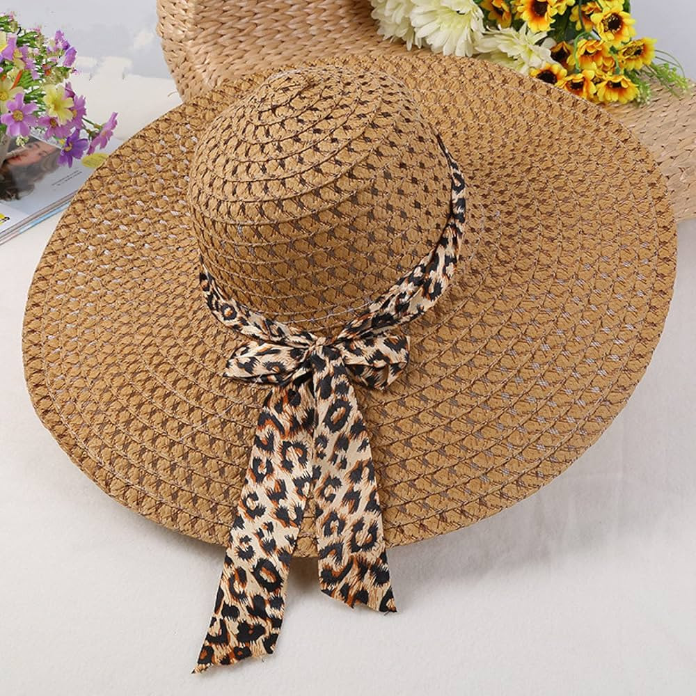 Sun Hat Sun Hats for Women Girls Wide Brim Floppy Straw Hat Summer Bohemia Beach Cap Ribbon Leopa... | Amazon (US)