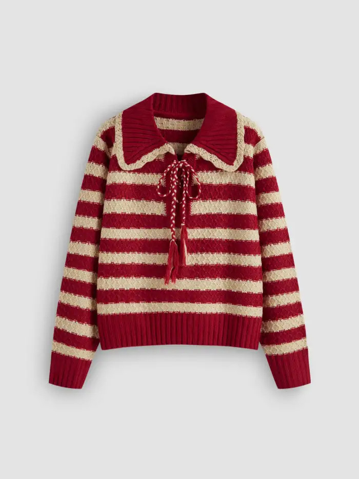 Christmas Christmas Knit Fabric Knit Collar Striped Knotted Oversized Sweater For School | Cider