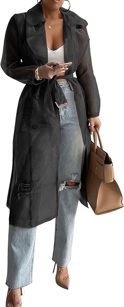 PUWEI Sheer Mesh Belted Trench Coats for Women Notched Lapel Double Breasted Midi Overcoat Jacket | Amazon (US)
