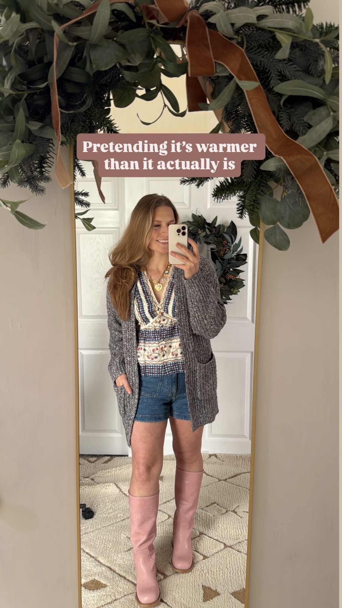 Cardigan, Jean shorts, ootd, spring outfit, pink boots, jean shorts, transition outfit, dopamine dressing, charm necklace 

#LTKootd #LTKSeasonal