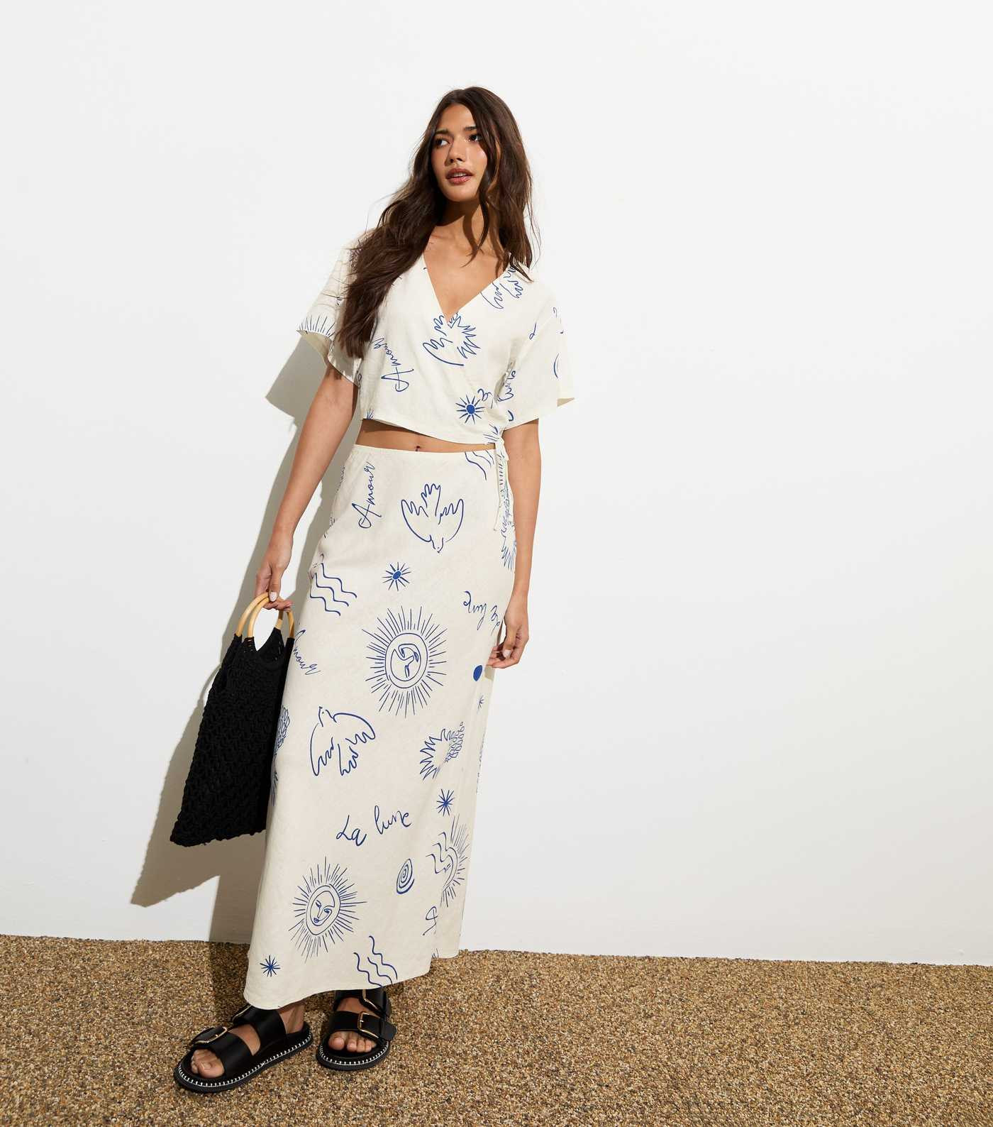 Off White Illustration-Print Linen-Blend Midi Skirt  | New Look | New Look (UK)