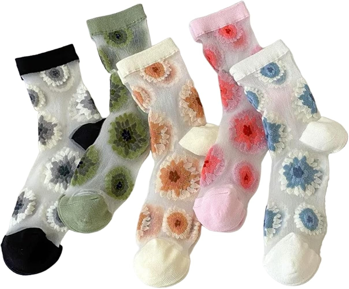 Women's thin socks, summer transparent lace high elasticity jacquard crystal glass socks 5 pairs ... | Amazon (US)