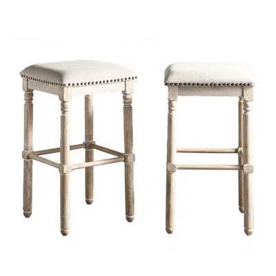 Wood Bar Stools Of 2, Tan - Trimmed With Bronze Nailhead Upholstered , 2 White-Washed Finish | Wayfair North America