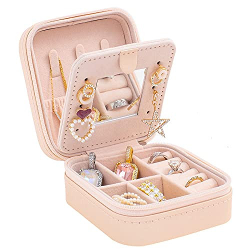 KElofoN Travel jewelry case Travel jewelry box Travel Jewelry Organizer Small box Gift for Girls Women with Mirror(Pink) | Amazon (US)