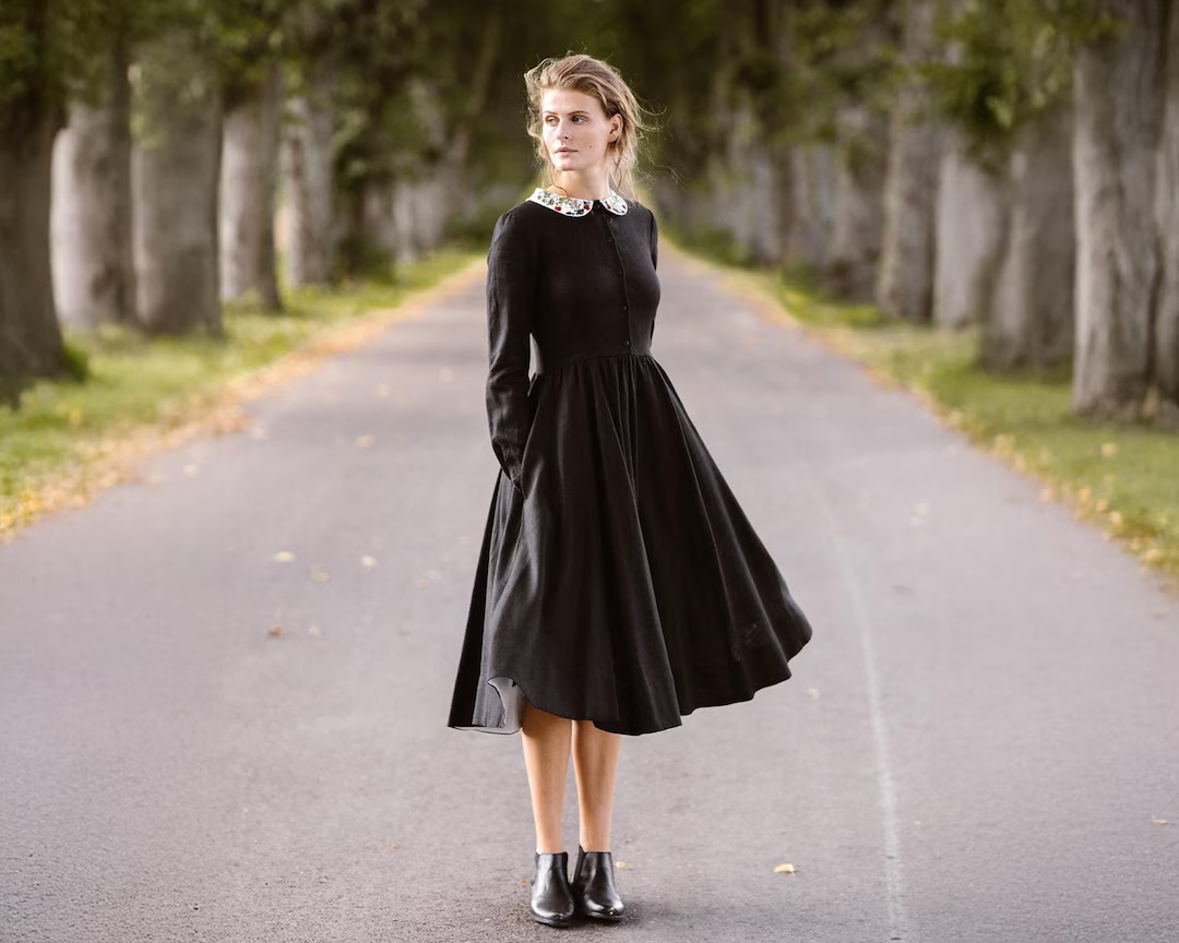 BLACK FORMAL DRESS | Collared Dress With Pockets, Linen Clothing, Long Sleeve Cocktail Dress, Ret... | Etsy (US)