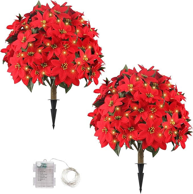 Sunnyglade 27" Set of 2 Artificial Poinsettia Flower Topiary Trees with 100LED Lights, Faux Xmas ... | Amazon (US)