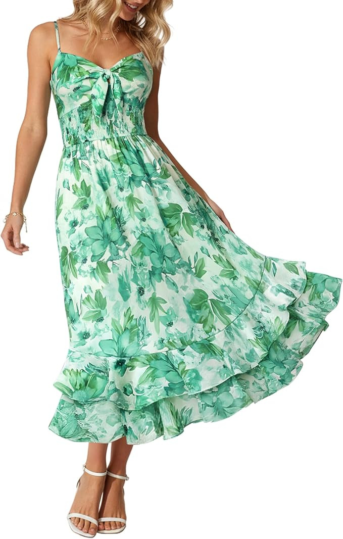 GRACE KARIN Women's Summer Floral Maxi Dress Spaghetti Strap A Line Beach Boho Dresses Ruffle Tie... | Amazon (US)