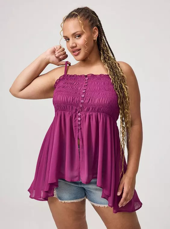 Button-Front Smocked Tunic Cami in Multi | Torrid (US & Canada)