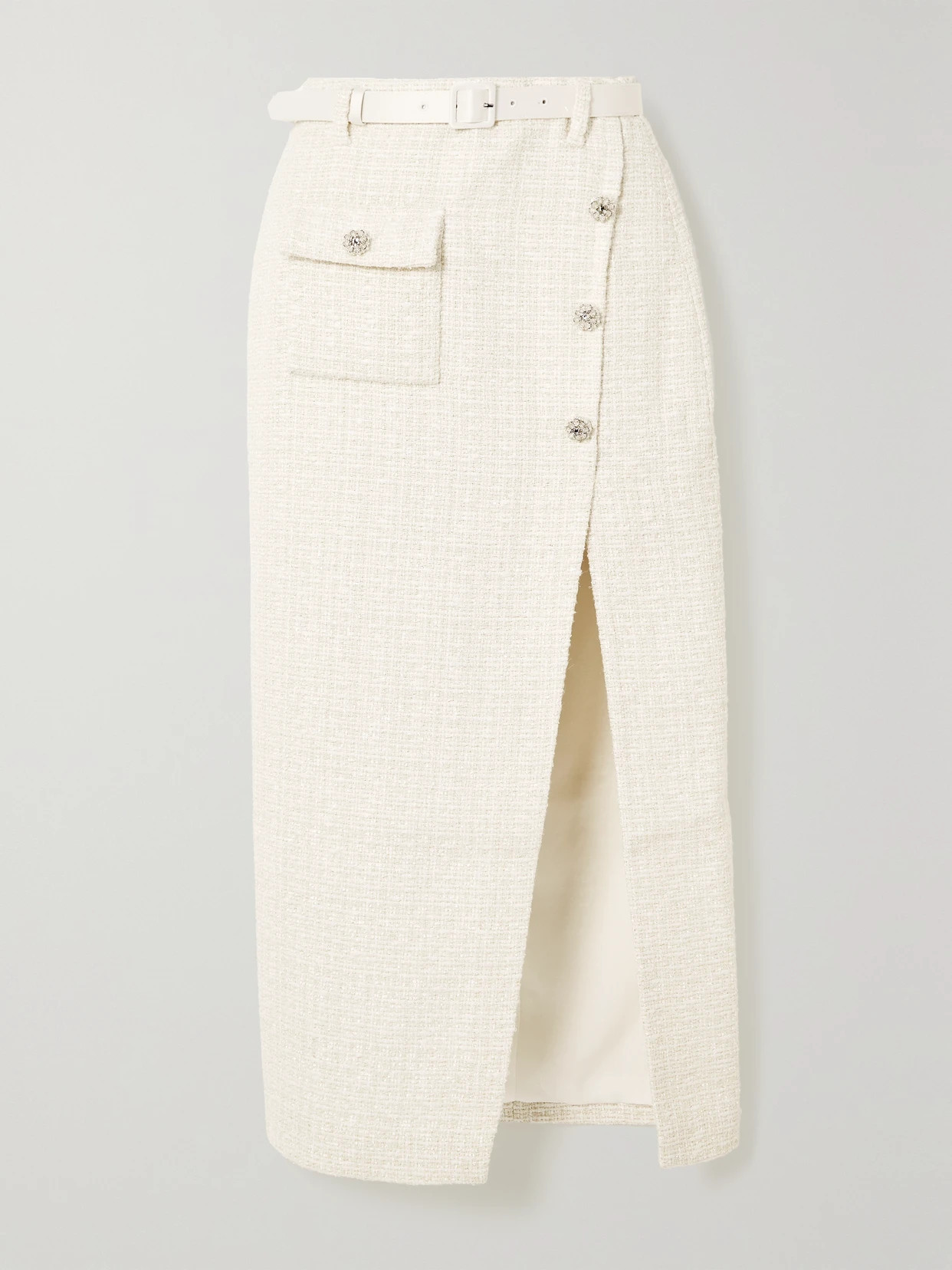 Self-Portrait - Belted Satin-trimmed Metallic Bouclé-tweed Midi Skirt - White | NET-A-PORTER (US)