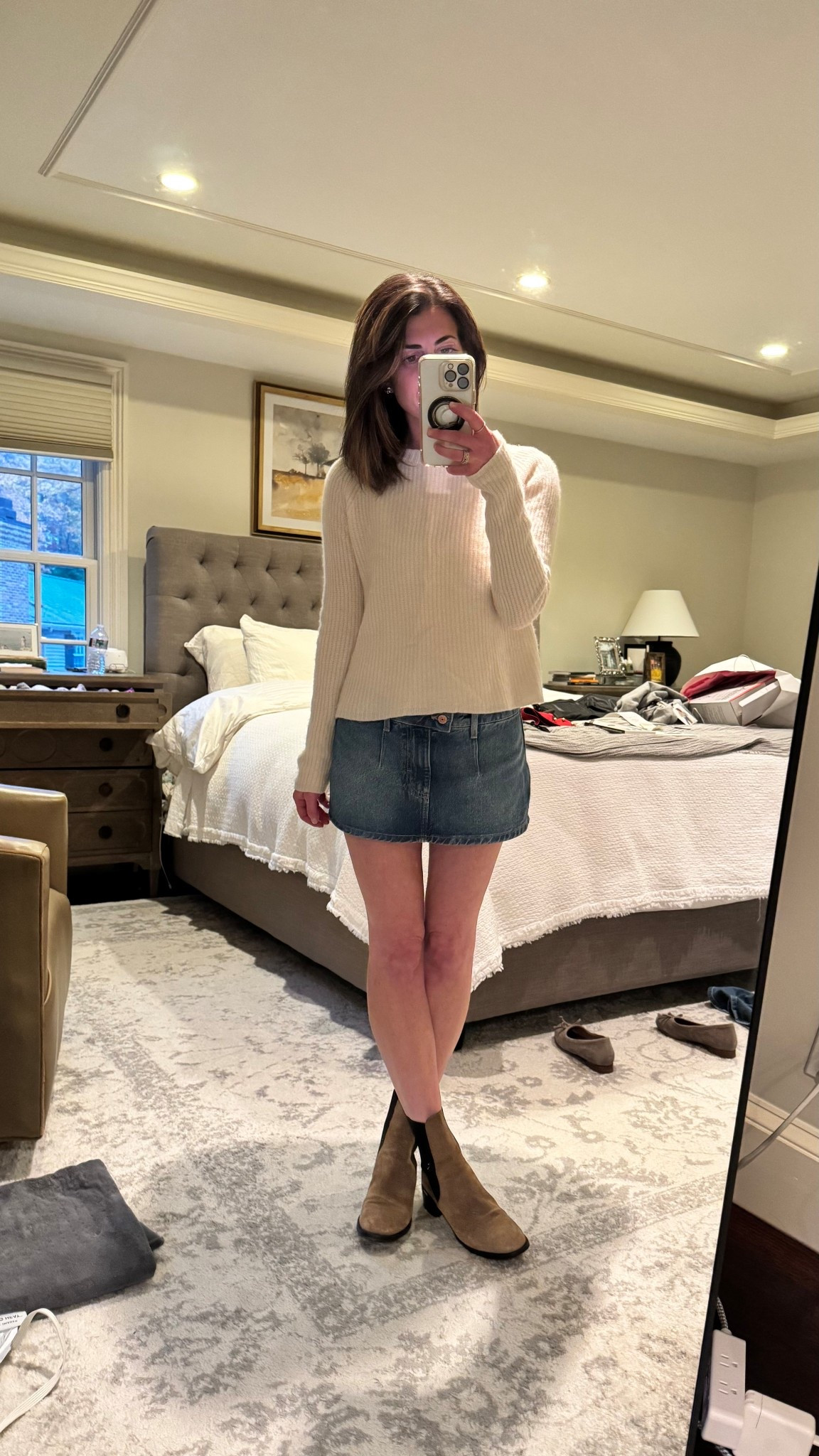 Fall casual outfit cozy knit sweater low rise jean skort ankle boots 

#LTKStyleTip #LTKPetite #LTKSeasonal