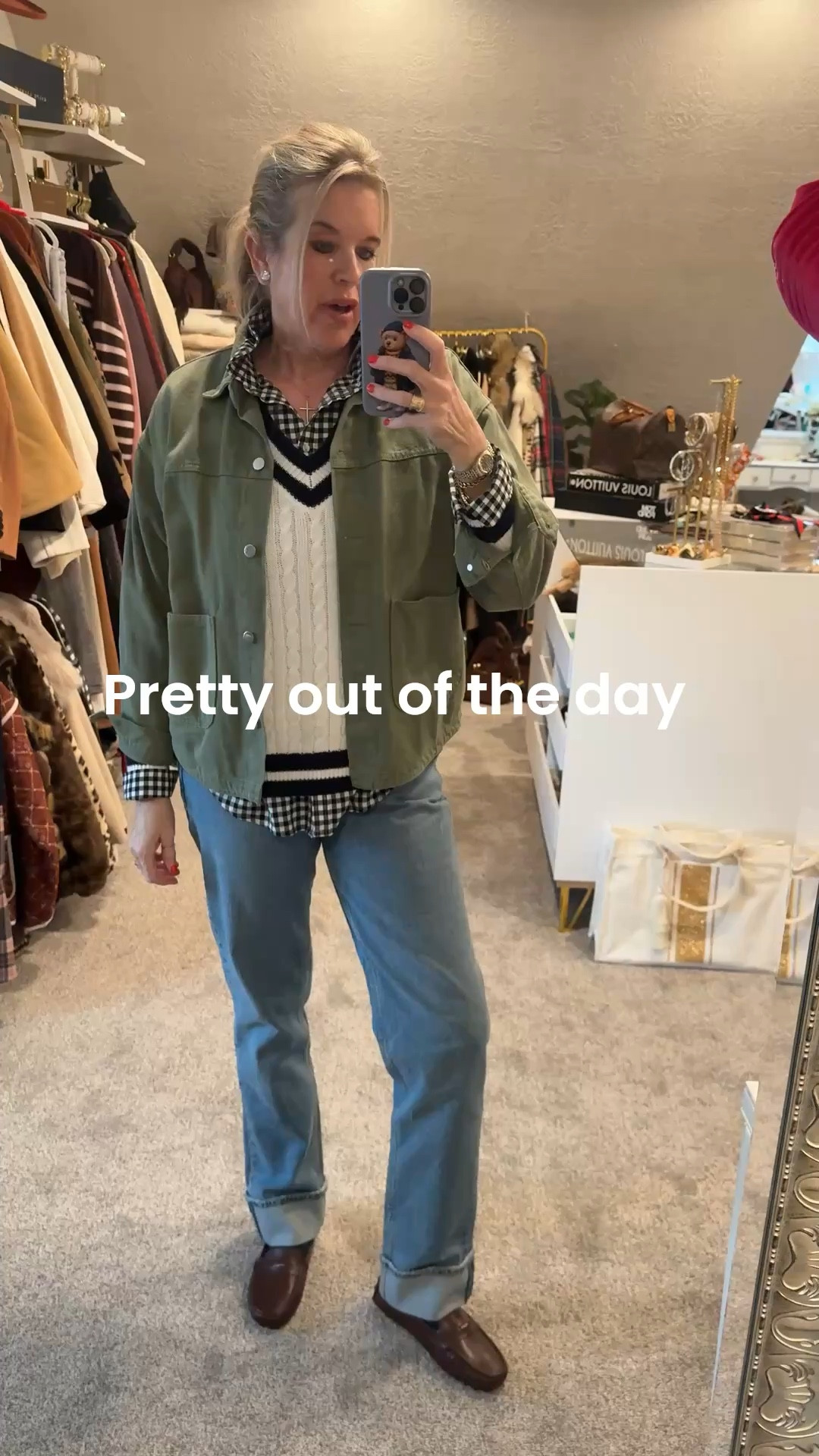 Outfit of the Day… spring/ preppy outfit of 40.

Straight leg cuff bottom med wash 90’s style jeans by ambercrobieand finch 
I sized up 1 size because of high waisted denim 

Ralph Lauren v neck bold navy stripe cableknit sweater (old) 
I linked similar .. tts 

Amazon Finds ⬇️
Navy gingham button up shirt tts 
I wear this on repeat 

Olive cargo jacket hip length and boxy perfect for high waisted jeans and flattering 
Fits tts I am in med 

Chocolate brown loafers fit tts and love the driving heal style 
So comfy.  Such a classic preppy style 

Daily jewelry wear⬇️
-Real Silver cross necklace 
Linked similar 
-Large manufacturer diamond stud earrings 

Wrist⬇️ everyday⬇️
-Rolex Diamond mix metal watch
-Diamond tennis bracelet 
-intial large gold Link bracelet
-silver tiny bracelet
-gold Gucci link bracelet (vintage)
- Abbot Lyon gold link bracelet




#LTKootd #LTKOver40 #LTKgrwm