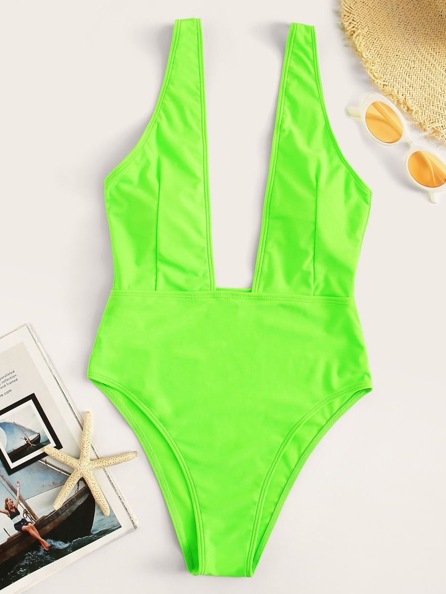 Neon Lime Plunge Neck One Piece Swimsuit | SHEIN