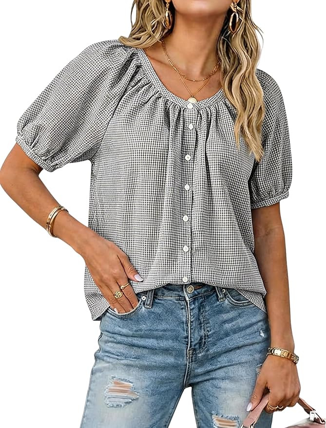 Tanming Womens Summer Plaid Button Down Shirts Short Puff Sleeve Cotton Crew Neck Gingham Blouses... | Amazon (US)