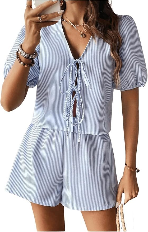 Floerns Women's Two Piece Summer Outfit Puff Sleeve Tie Front Tee Tops and Shorts Set | Amazon (US)