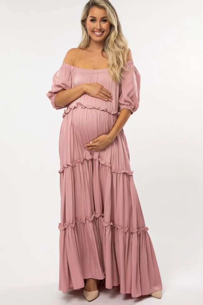 Mauve Off Shoulder Ruffle Tiered Maternity Maxi Dress | PinkBlush Maternity