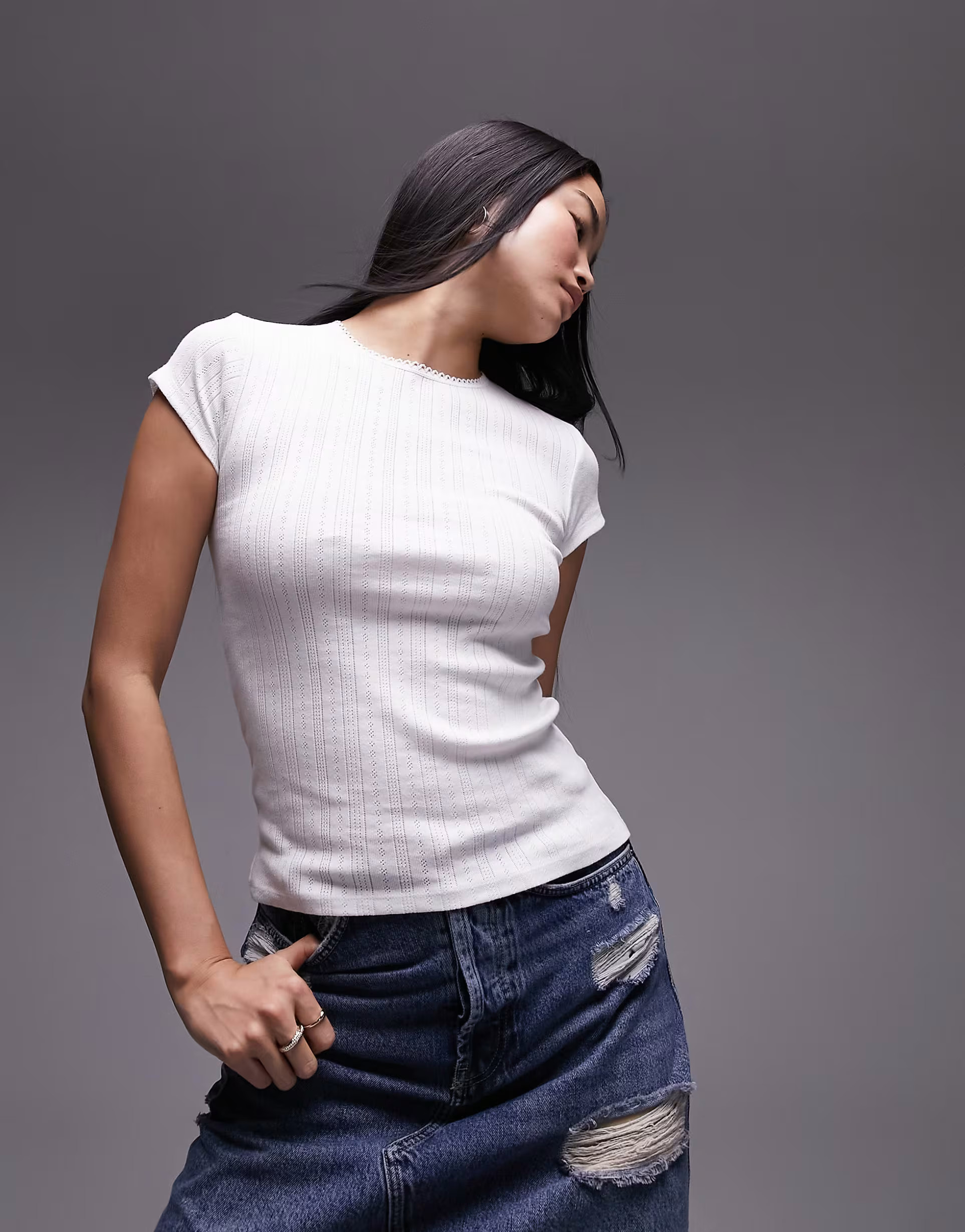 Topshop lace pointelle longline tee in white | ASOS (Global)