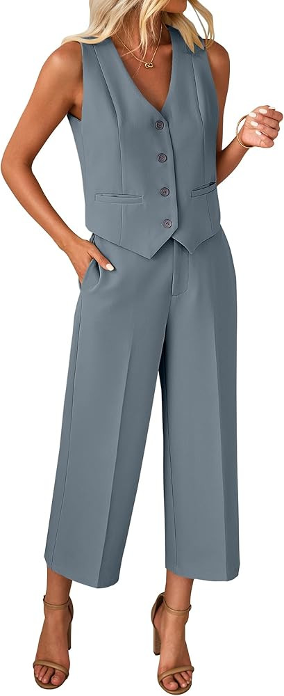 luvamia Pant Suits for Women Dressy Casual 2 Piece Sets Sleeveless Blazer Vest with Wide Leg Capr... | Amazon (US)