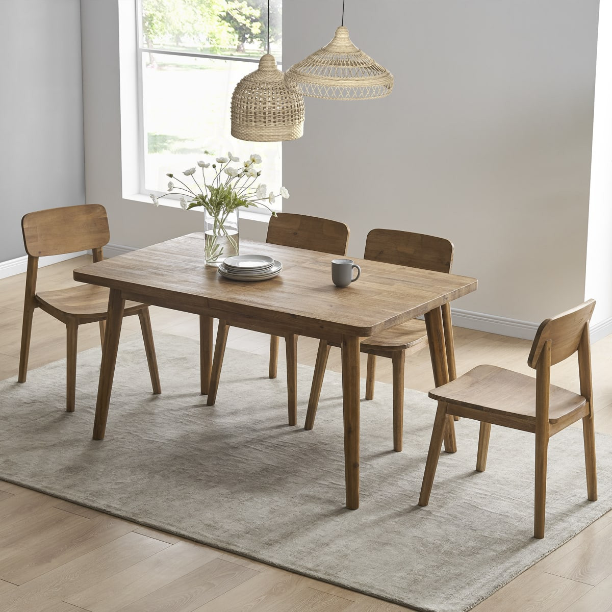 Castlery Seb 71"" Mid-Century Dining Table Set with 4 Wooden Chairs, Brown Finish | Castlery US